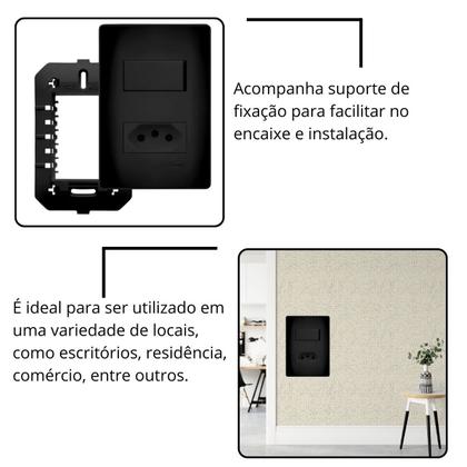 Imagem de 1 interruptor simples e 1 tomada 20A Preto Fosco Fame