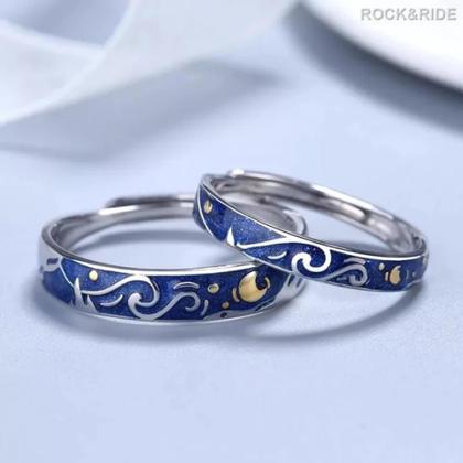 Imagem de 1 Par Aliança Anel Céu Estrelado Sol E Lua Ajustável Casal