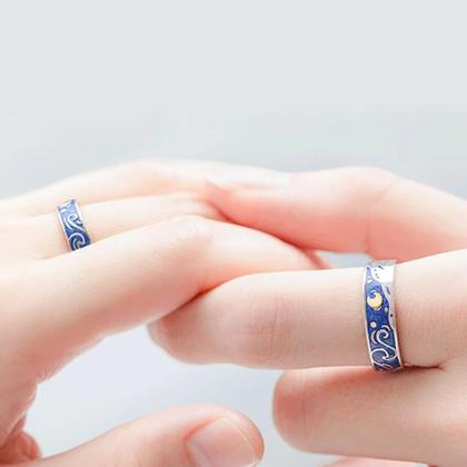 Imagem de 1 Par Aliança Anel Céu Estrelado Sol E Lua Ajustável Casal