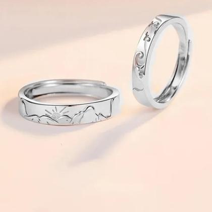 Imagem de 1 Par Aliança Sol & Lua Compromisso Prata Ajustável Mod5