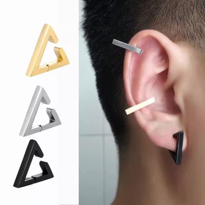 Imagem de 1 par de brinco Triangular pressão em aço não precisar furo cor prata dourado preto