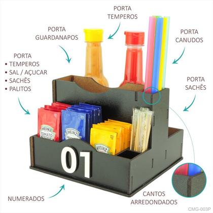 Imagem de 1 Porta Sachê Guardanapos Temperos Canudos Palitos Lanchonete Mdf Preto