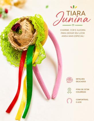 Imagem de 1 Tiara Chapeuzinho Festa Junina Infantil Luxo com Fitas Coloridas Acessório Caipira para Arraiá, Quadrilha e São João