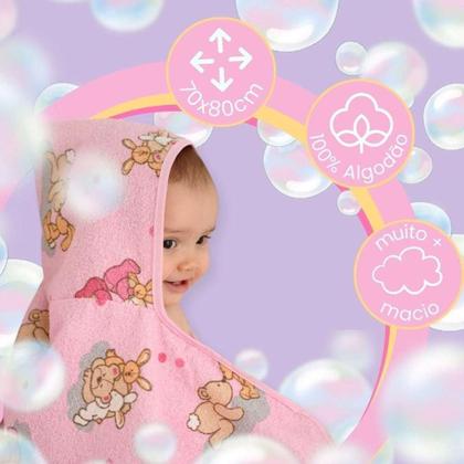Imagem de 1 Toalha De Banho Rosa Bebê Forrada De Fralda Com Capuz