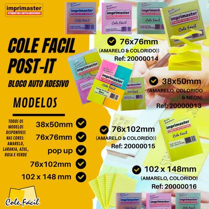 Imagem de 10 Blocos Recados 76x76mm Cole Fácil 5 Cores Rosa, Laranja, Verde, Amarelo e Azul 1000 Folhas tons pasteis