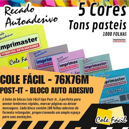 Imagem de 10 Blocos Recados 76x76mm Cole Fácil 5 Cores Rosa, Laranja, Verde, Amarelo e Azul 1000 Folhas tons pasteis