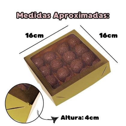 Imagem de 10 Caixas Laminada Ouro Para 16 Doces C4675 Com Visor Acetato Presente Metalizada Versátil Ideia