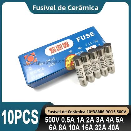 Imagem de 10 Peças De Fusível Cerâmico 10x38mm 500V 500MA Com Múltiplos Valores De Amperagem RO15