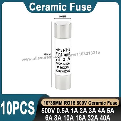 Imagem de 10 Peças De Fusível Cerâmico 10x38mm 500V 500MA Com Múltiplos Valores De Amperagem RO15