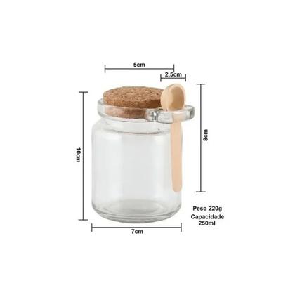 Imagem de 10 Potes de Vidro com Colher de Madeira e Tampa de Rolha - 250ml - 7cm x 10cm
