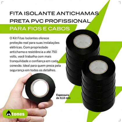 Imagem de 10 Rolo Fita Isolante Antichamas Preta Pvc Profissional Para Fios Cabos Reparos 5 Metros
