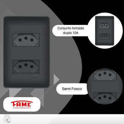 Imagem de 10 Tomadas Dupla Preta 2P+T Distanciadas 10A 250V Com Placa Habitat Black- FAME