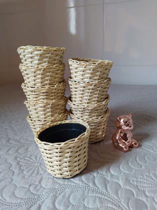 Imagem de 10 vaso vasinho cachepô cachepot para flores plantas fibra sintética pequeno 9 cm x 6,5 cm palha