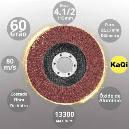 Imagem de 10 x Discos Flap Grão 60 Lixa 115mm x 22mm Cônico 4.1/2 Cônico Pro KaQi