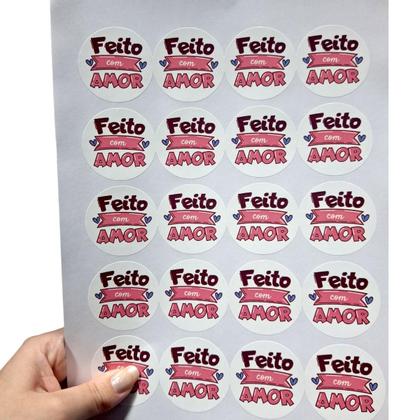 Imagem de 100 Adesivos Vinil Para Embalaguem Frase Feito c/ Amor 4,5cm