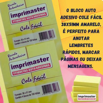 Imagem de 100 Blocos Recados Cole Fácil 38x50mm 100 Folhas Cor Amarelo - Produto Original 100% Nacional