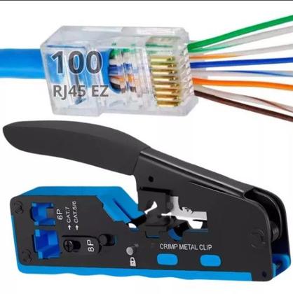 Imagem de 100 Rj45 Ez  Alicate Crimpar Cabo Rede Cat5/6/7 Vazado Kit