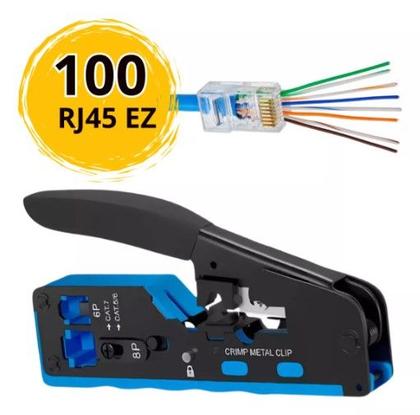 Imagem de 100 Rj45 Ez  Alicate Crimpar Cabo Rede Cat5/6/7 Vazado Kit