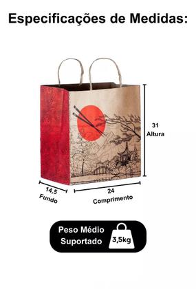 Imagem de 100 Sacolas Oriental Estampada Delivery Sushi Com Alças Tamanho M 32x24x14,5