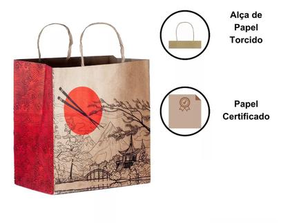 Imagem de 100 Sacolas Oriental Estampada Delivery Sushi Com Alças Tamanho M 32x24x14,5