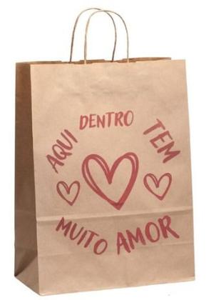 Imagem de 100 Sacolas Papel Kraft pequena P Presente Coração Com Alça