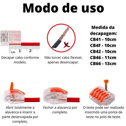 Imagem de 100un Conector Elétrico Emenda Derivação Para Iluminação e Chuveiro 2 vias 6mm² 40A/450V Laranja