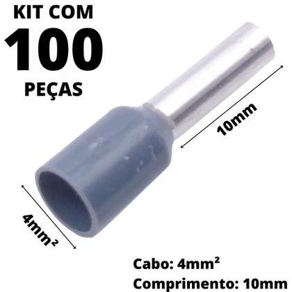 Imagem de 100un Terminal Tubular Ilhós Pré-isolado Simples Para Cabo de 4mm² Metal 10mm Cinza E4010