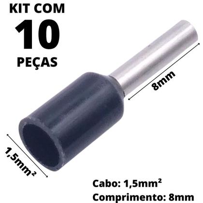 Imagem de 10un Terminal Tubular Ilhós Pré-isolado Simples Para Cabo de 1,5mm² Metal 8mm Preto E1508