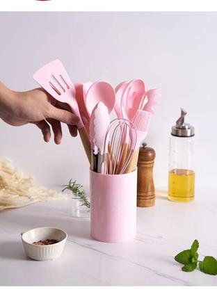 Imagem de 12 pçs silicone antiaderente utensílios de cozinha conjunto espátula colher de sopa de madeira ROSA