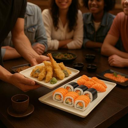 Imagem de 12 Pratos Retangular de Melamina Premium 35cm Sushi Frutas