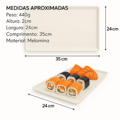 Imagem de 12 Pratos Retangular de Melamina Premium 35cm Sushi Frutas