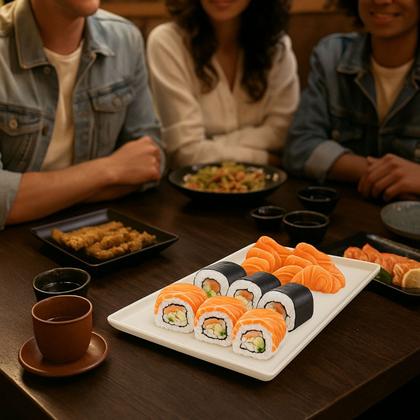 Imagem de 12 Pratos Retangular de Melamina Premium 35cm Sushi Frutas