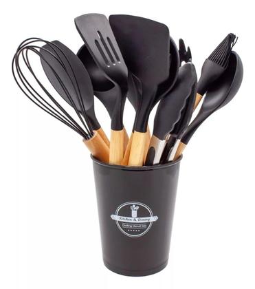 Imagem de 12 Utensílios de Cozinha Silicone e Cabo de Madeira Preto