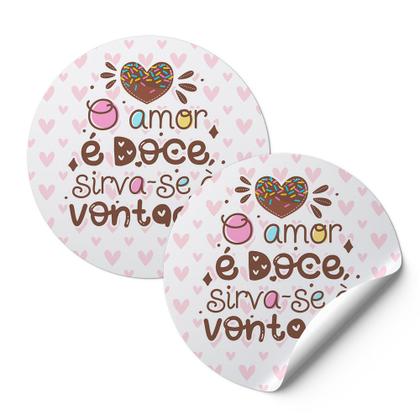 Imagem de 120 Tag Etiquetas Adesivos Para Embalagens Redonda Confeitaria O Amor É Doce Sirva-Se À Vontade Branco Corações Rosa AD00668