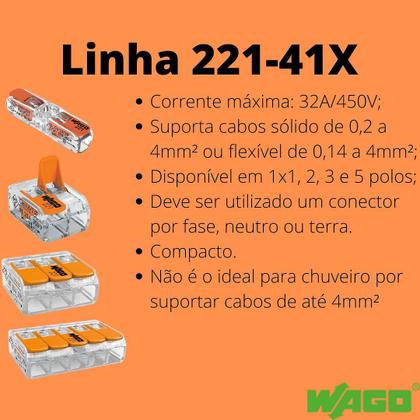 Imagem de 15un Conector Wago Emenda 221 2 e 5 vias 4, 6mm² 32A/450V