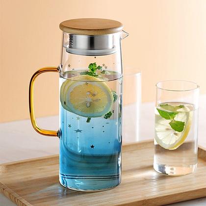 Imagem de 1pcs 1000ml Glass Pitcher Heat Resistant Water Jug Bamboo Lid Fruit Juice Jug