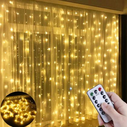 Imagem de 1X Cortina de Led 3 x 2 Metros 300 Leds Amarela 8 Modelos Com Controle Decoração