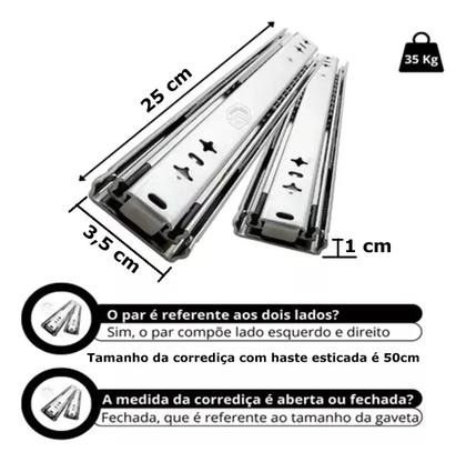 Imagem de 2 (1 Par) Corrediças Trilho Telescópico 25cm P/ Gaveta Móvel