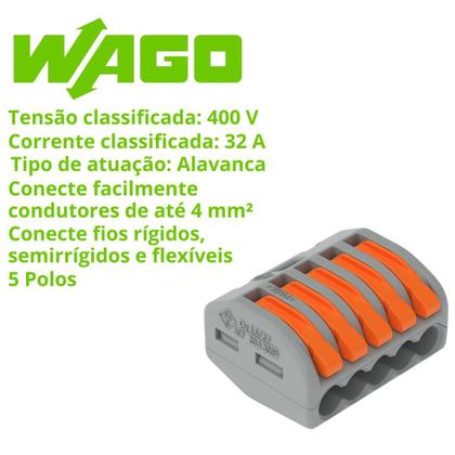 Imagem de 2 Conectores Original Wago C/ Alavanca 5 Entradas Até 4mm