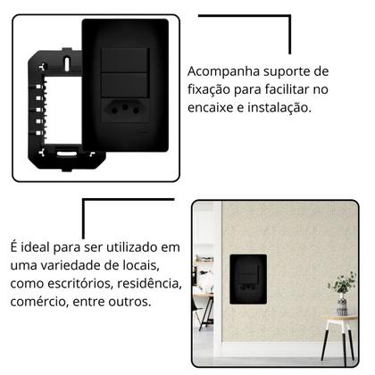 Imagem de 2 Conjunto Interruptor Duplo + 1 Tomada 20a Preto Fosco Fame