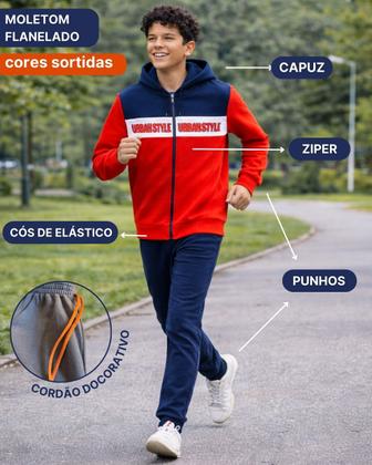 Imagem de 2 Conjuntos Moletom Juvenil Masculino Blusa Calça Flanelado capuz ziper Roupa Agasalho infantil menino inverno 10-16