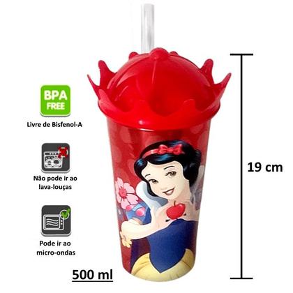 Imagem de 2 Copos 500ml com Canudo Coroa Branca de Neve Princesa Lembrança Aniversário