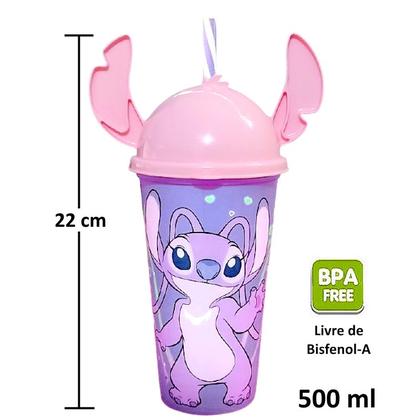 Imagem de 2 Copos Angel Stitch Rosa Infantil com Orelhas e canudo 500ml Original Plasútil
