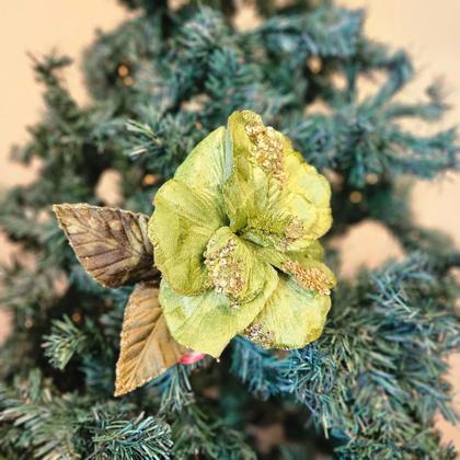 Imagem de 2 Galho Natalino Flor Magnolia Veludo Glitter Verde 63Cm