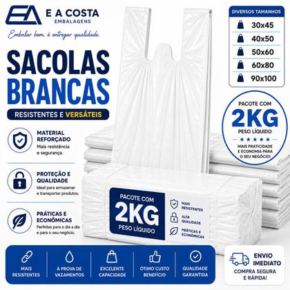 Imagem de 2 kg sacola plastica branca 60x80 reforçada reciclada grossa
