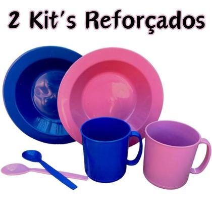 Imagem de 2 Kit refeição menino menina azul rosa lanche coisa cozinha infantil copo prato colher