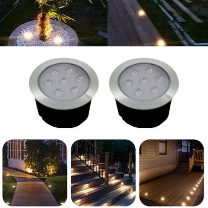 Imagem de 2 Luminárias Balizadores Spot Led SMD Em PVC De 7W Luz Branco Quente De Embutir Em Piso Chão Solo Gramado Jardim Escada