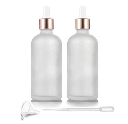 Imagem de 2 Pack 100ml/3.4 Oz, frasco conta-gotas de vidro fosco branco para óleos essenciais, suporte líquido de vidro vazio com conta-gotas puro, Rose-Golden Caps Travel Perfume Recipiente cosmético-pipeta & funil incluído