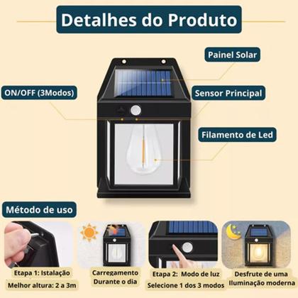 Imagem de 2 Peças Luminária de Parede Externa Com Energia Solar Arandela LED Lâmpada Com Sensor de Presença Resistente Á Água