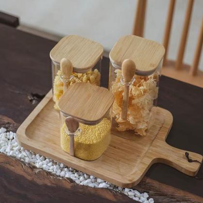 Imagem de 2 Pote De Vidro Hermético Com Tampa E Colher De Bambu Café